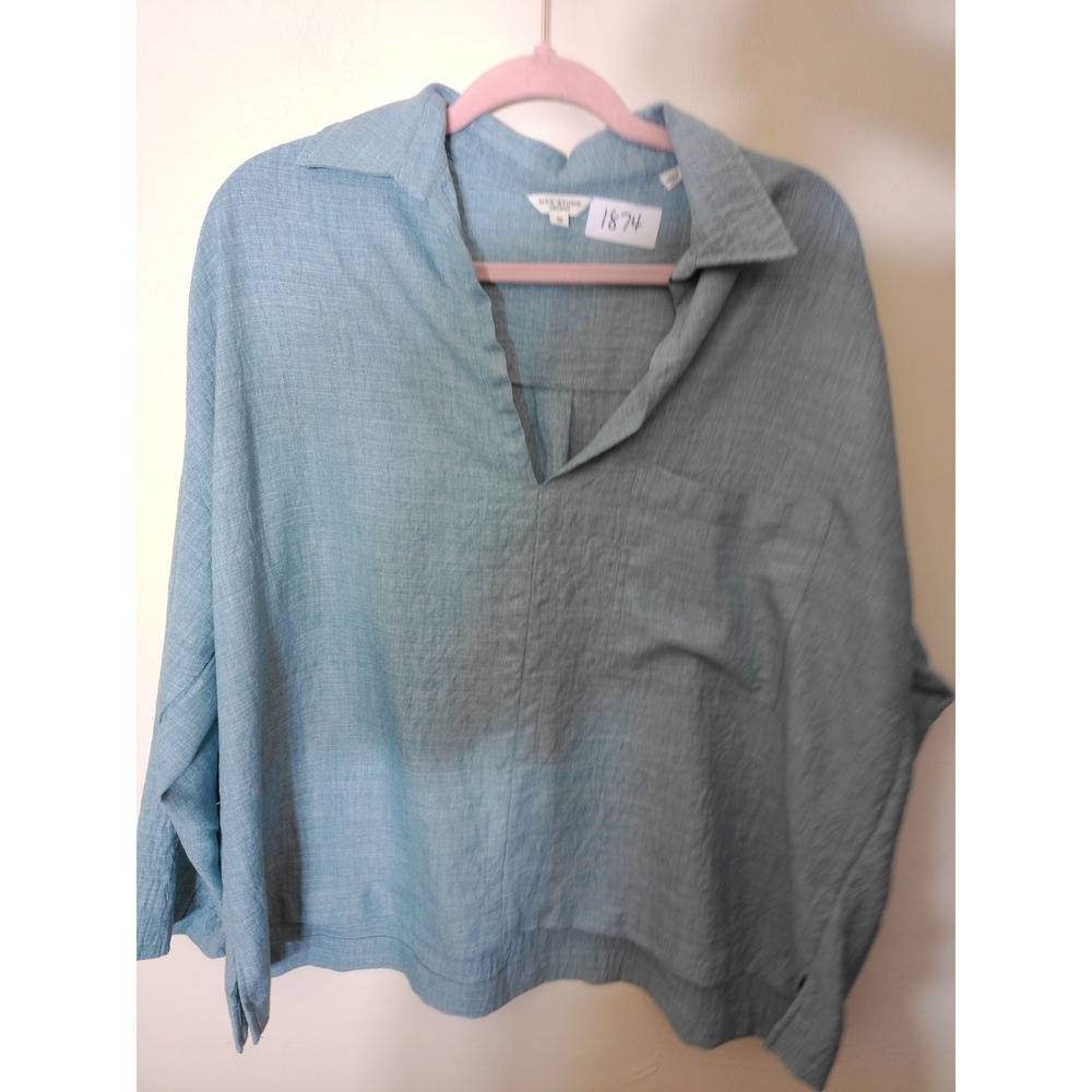 Max Studio Blouse Women 1X Blue Coastal Gauzy V-Neck Roll Tab Sleeve Relaxed Top